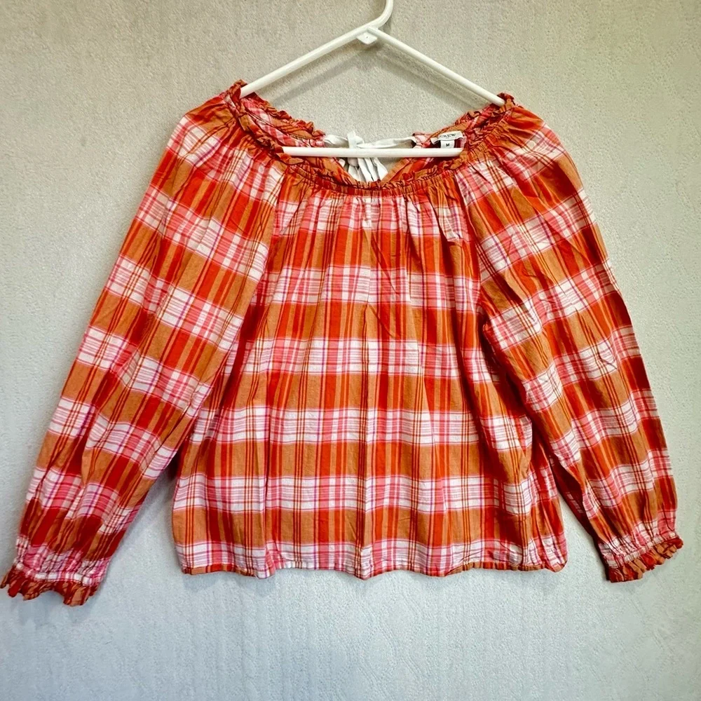 J. Crew Orange Madras Plaid Ruffle Tie-Back Cotton Gauzy Top Sz M Preppy Prep